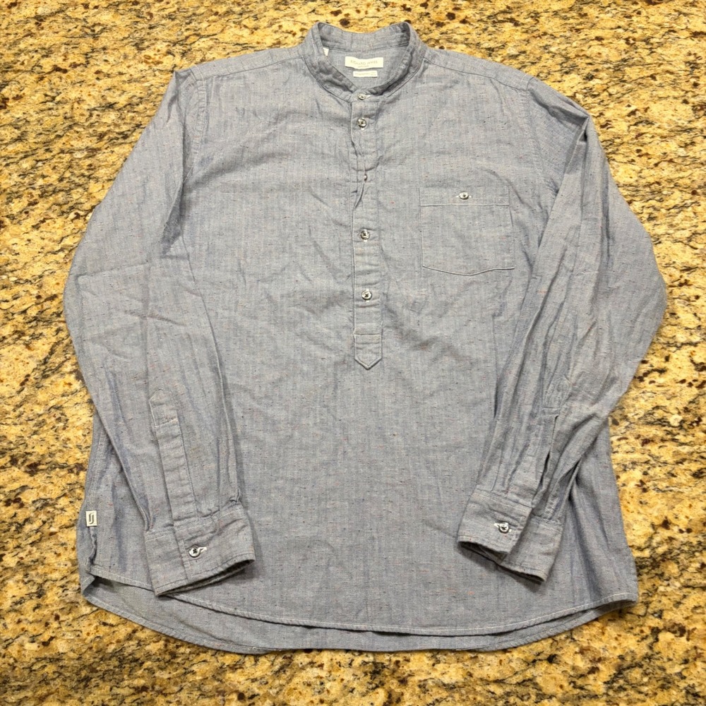 Richard James Savile Row Blue Herringbone Nep Collar Pullover Shirt 17.5 XL ws